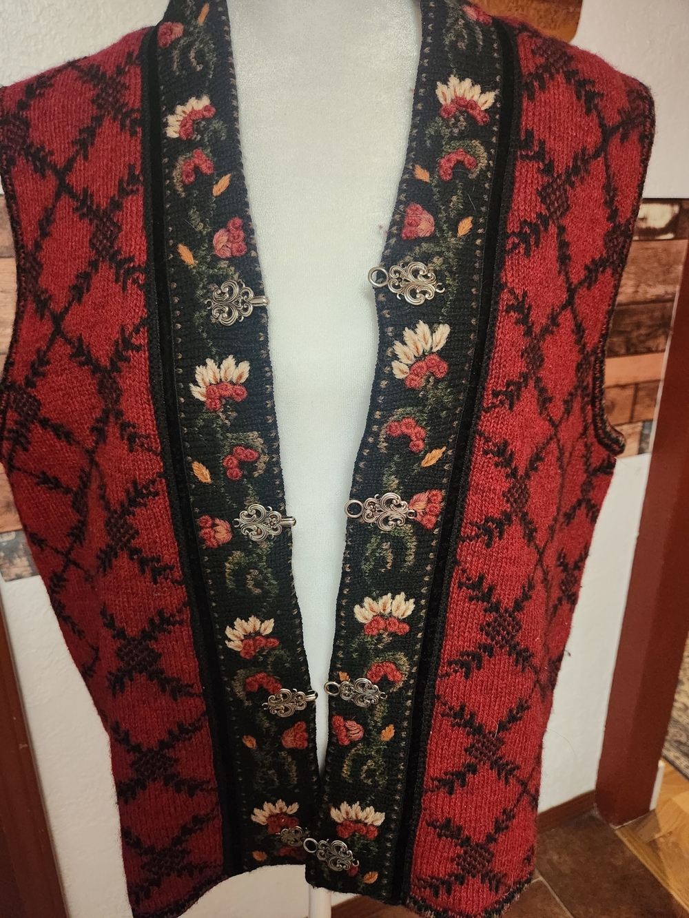 Red Embroidered Knit Vest with Floral Trim - Women's Layering Vest - Picture 2 of 10